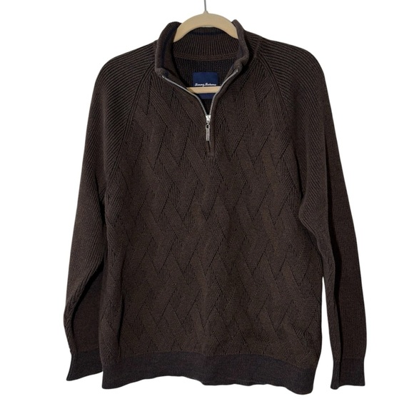 Tommy Bahama Brown Basket Weave Quarter Zip Pullover Sweater Mens L - Picture 1 of 6